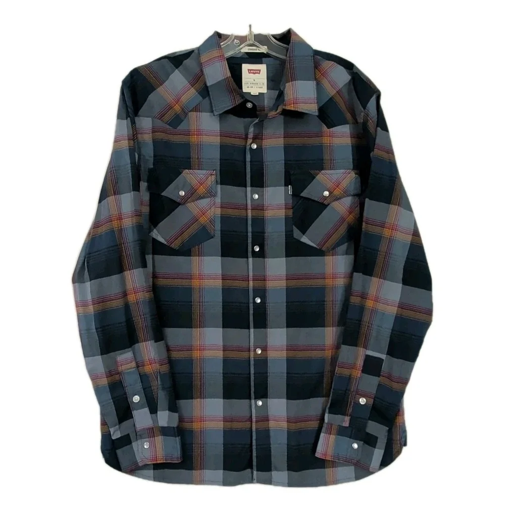Levi Pearl Snap‎ Long Sleeve Shirt Mens XL Blue Plaid Western Rodeo Landman